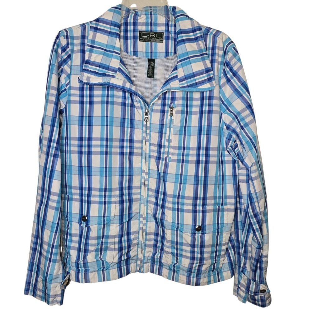 Lauren Active Ralph Lauren Blue Plaid Windbreaker Jacket Womens Large Zip Up